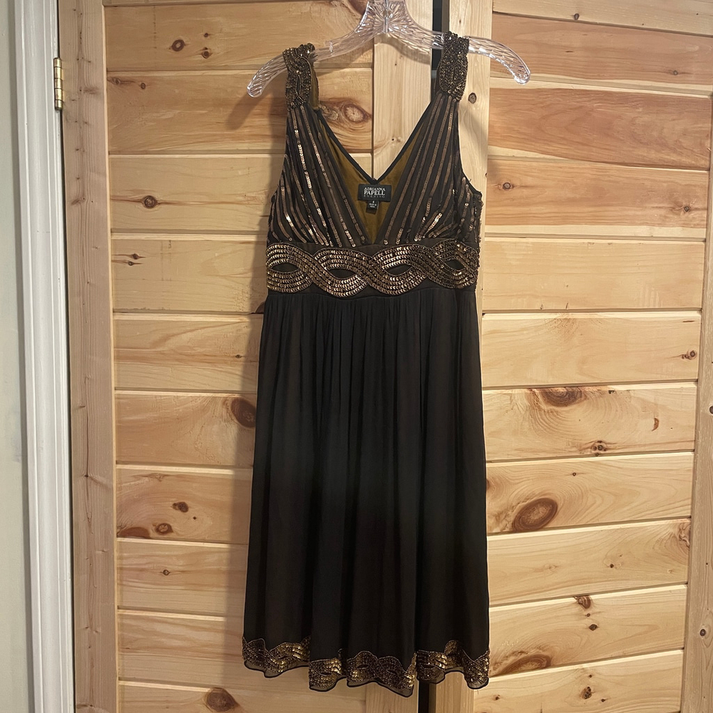 Women's Adrianna Papell Evening Black Gold Sequin Dress Size 6